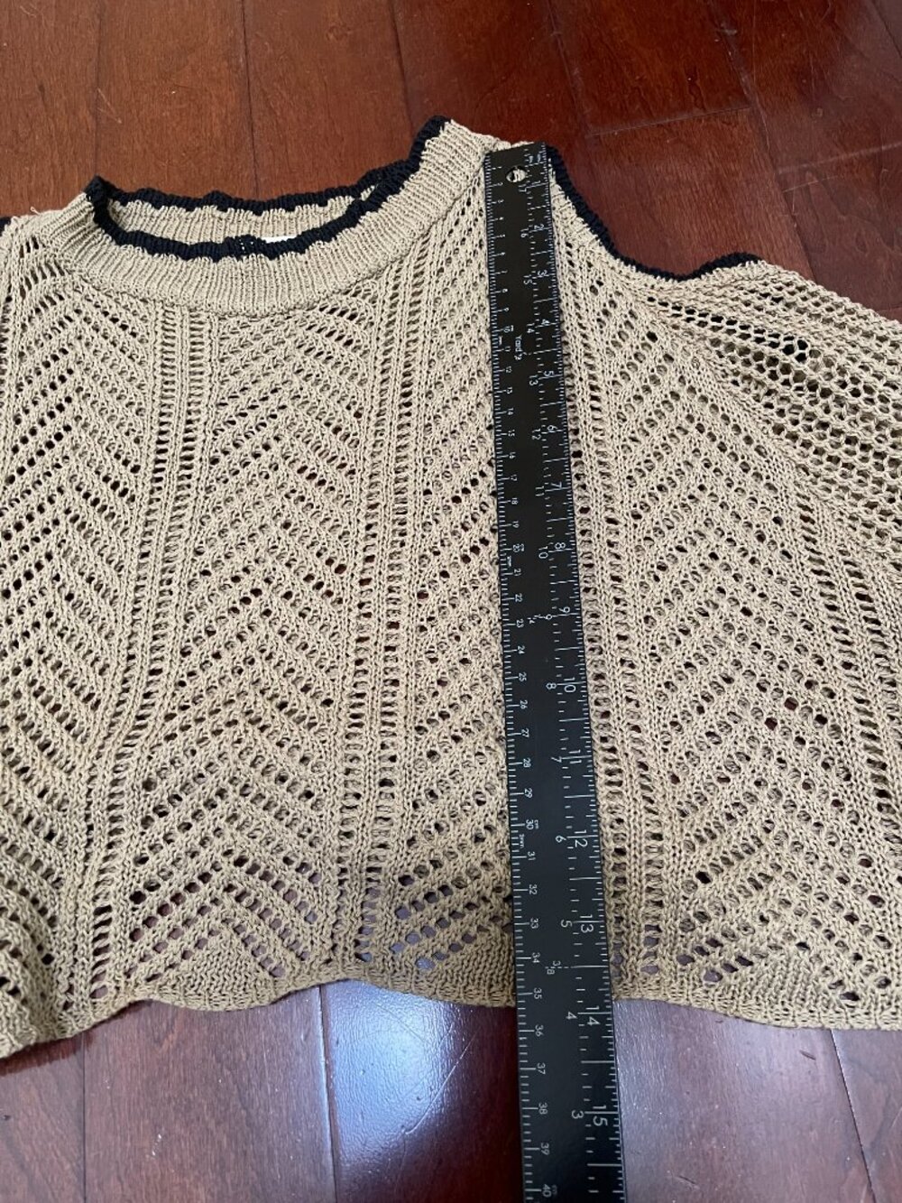 Open Knit Cold Shoulder Crop Sweater Coastal Boho Festival Beige - Picture 5 of 9